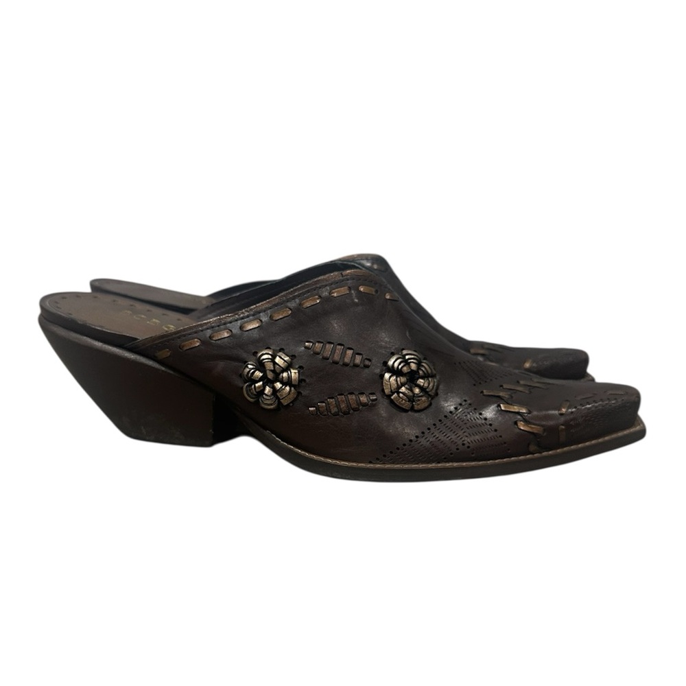 BCBGirls Brown Leather Gold Floral Embroidered Western Shoes Vintage Size 9